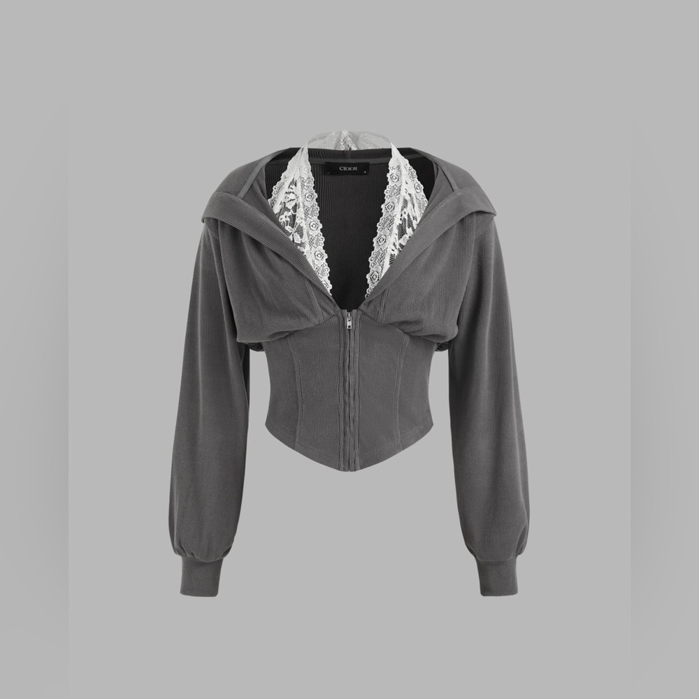 Rib Lace Halter Contrasting Binding Hoodie